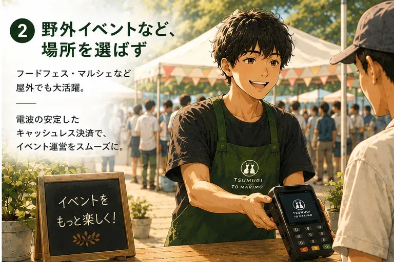 野外イベントの出店でキャッシュレス決済端末を使う様子