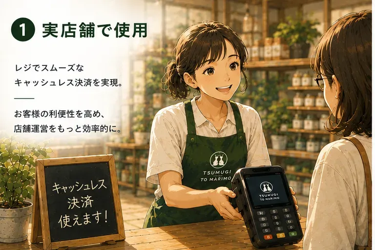 実店舗のレジでキャッシュレス決済端末を使う様子